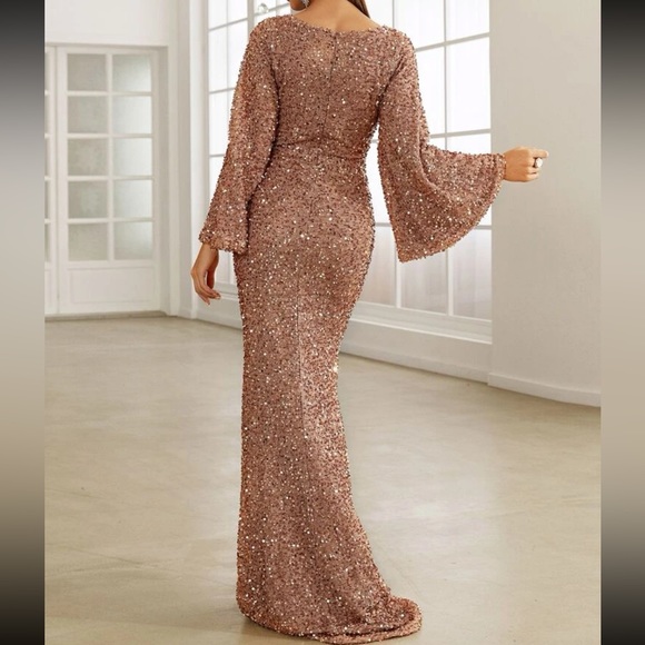 Luxe trumpet sleeve mermaid hem party formal sequins gown dress - Picture 4 of 16